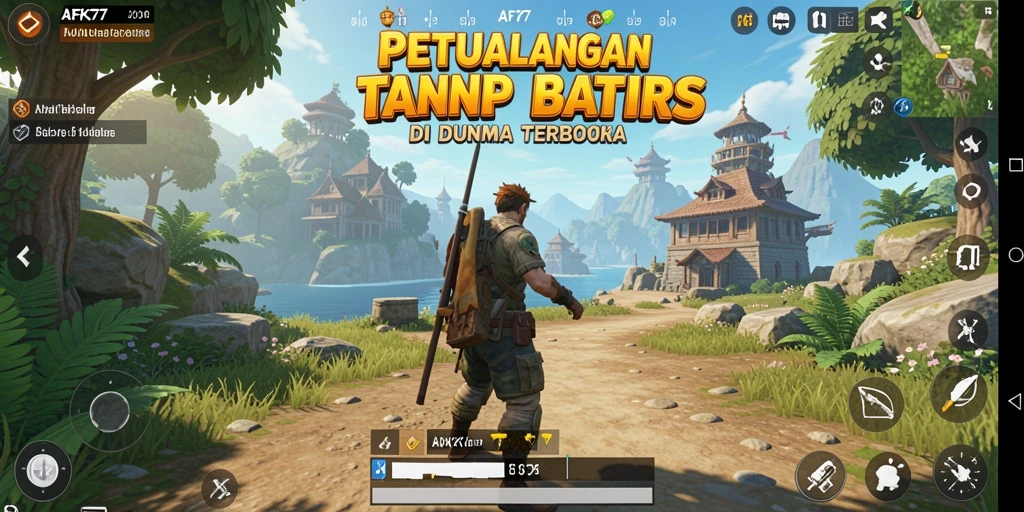 Screenshot AFK77 menunjukkan pemain menjelajahi hutan lebat dalam dunia Open World.
