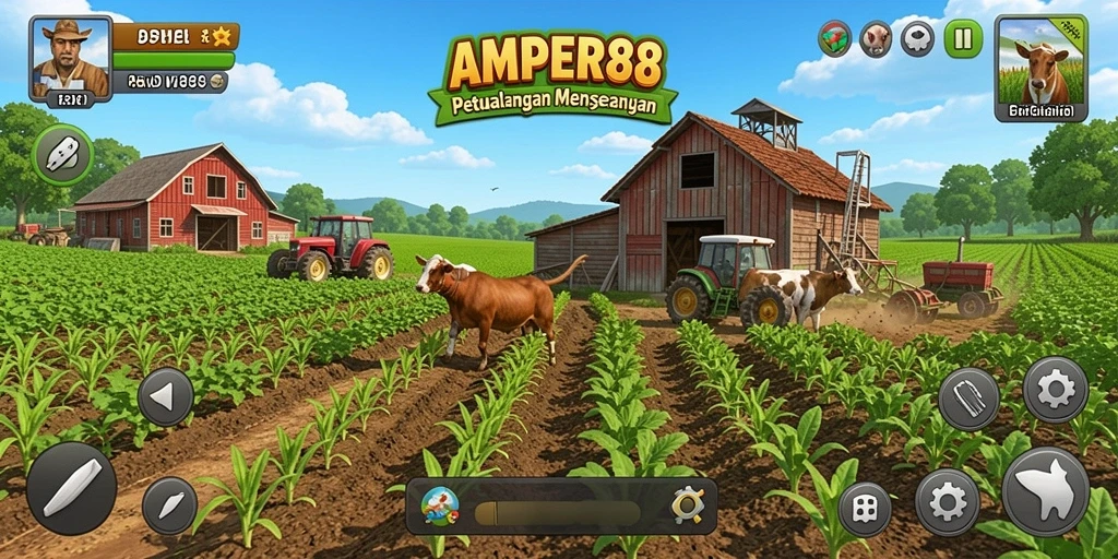 Tangkapan layar gameplay <strong>AMPER88</strong> menunjukkan ladang pertanian yang luas dan interaksi dengan hewan ternak.