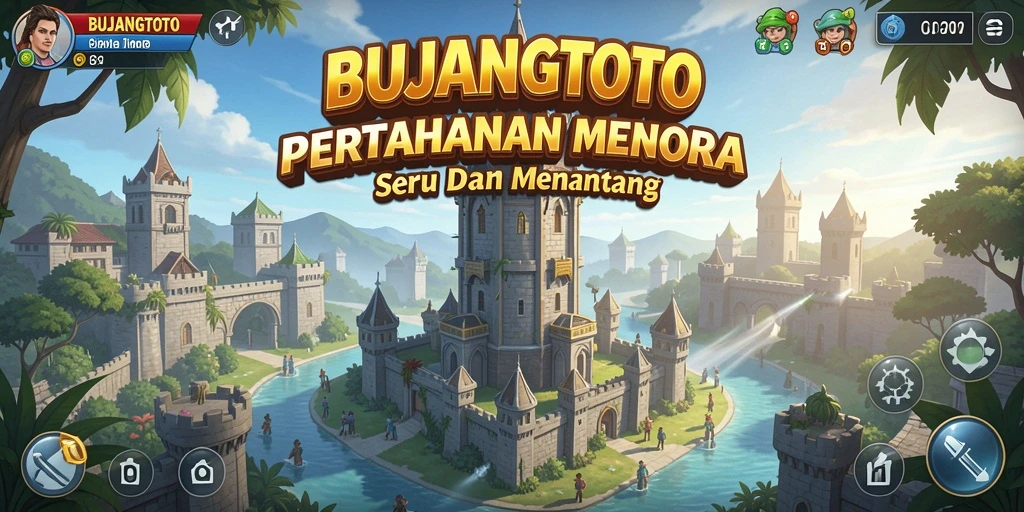 Tampilan gameplay BUJANGTOTO dengan menara dan musuh yang menghadang.
