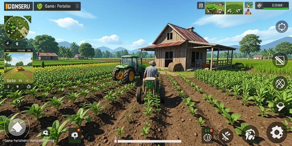 Tampilan gameplay <strong>IDNSERU</strong> dengan ladang yang subur dan hewan ternak.