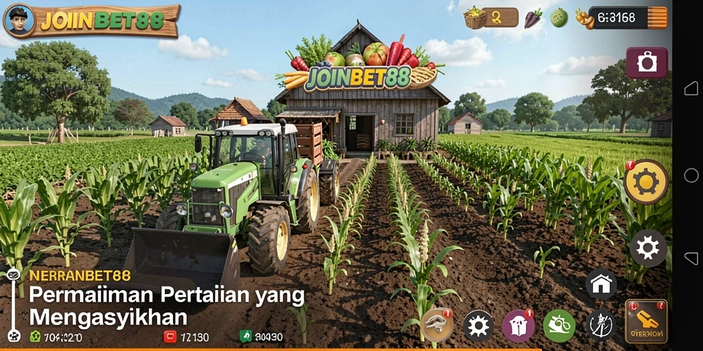 Screenshot utama JOINBET88 menampilkan ladang pertanian yang berwarna-warni dan hewan ternak.