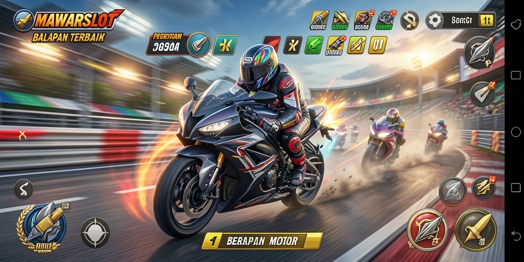 Screenshot utama gameplay balapan motor dalam MAWARSLOT.