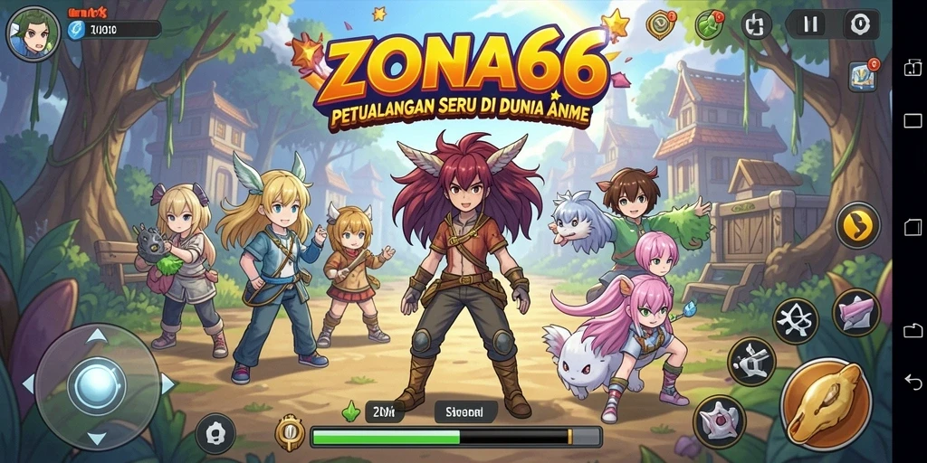 Tampilan layar gameplay ZONA66 yang dinamis dan penuh warna.